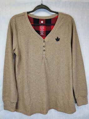 Canadiana Henley Shirt Women's L Oatmeal Waffle Knit Long Sleeve Loungewear NEW